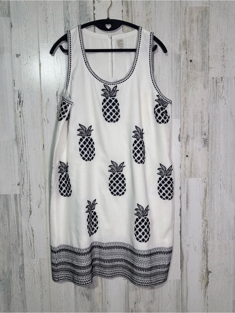LOFT Beach Pineapple Embroidered Linen Blend Shift Dress White Navy Size 12